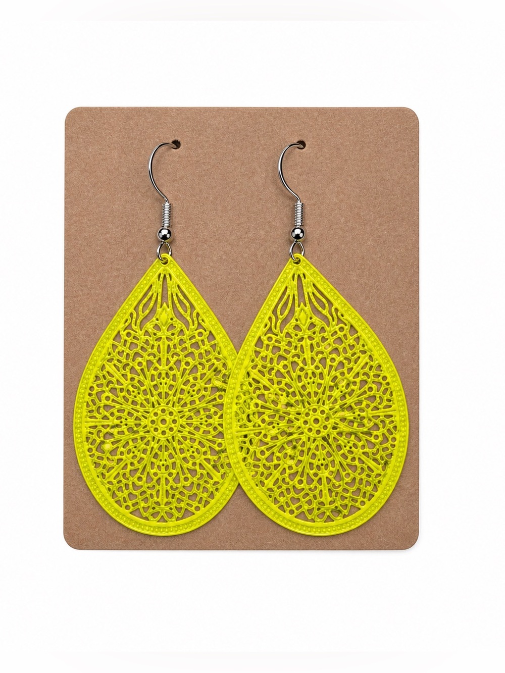 Yellow Neon Filigree Teardrop Dangle Earrings - Women Jewelry